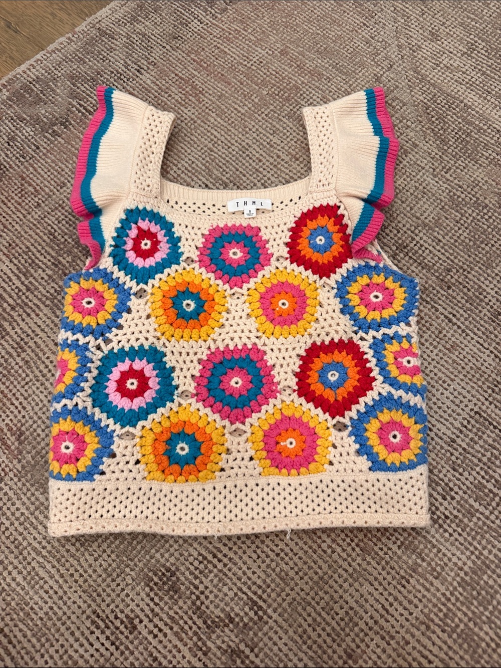 THML Cream Crochet Tank with Pink, Blue, Yellow and Orange Floral Motifs